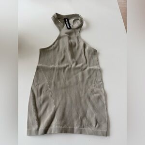 ANDREADAMO Ribbed Halter Tank Top in Olive Green